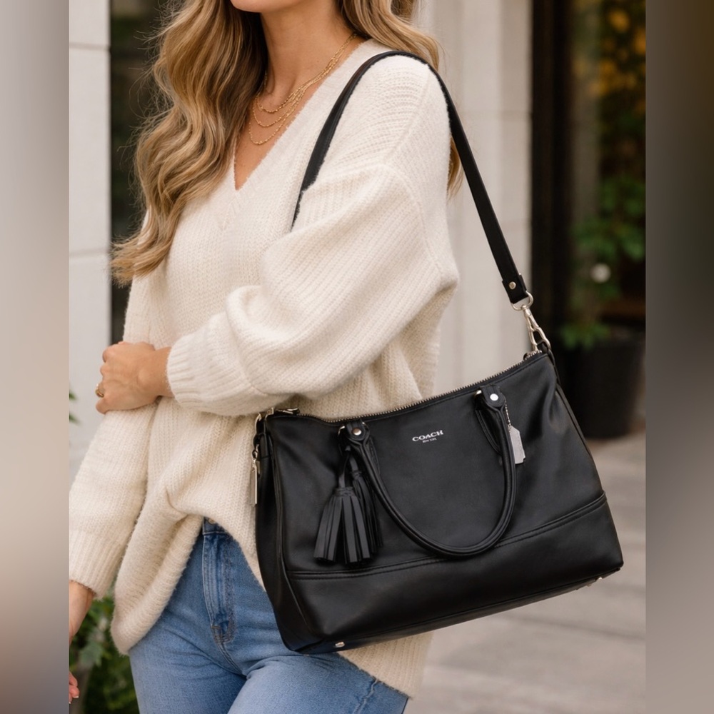 Coach Black Leather Shoulder Bag with Tassel